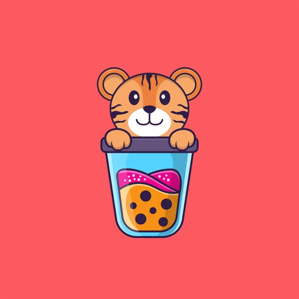 Cute Tiger Drinking Boba Milk Tea Animal Cartoon Concept Isolated — Stock Vector