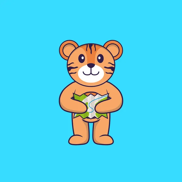 かわいい虎の地図を保持する 動物の漫画の概念は孤立した Tシャツ グリーティングカード 招待カード マスコットに使用できます — ストックベクタ