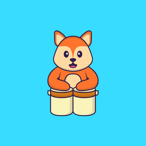 可爱的狐狸在打鼓 动物漫画的概念是孤立的 可用于T恤衫 请柬或吉祥物 — 图库矢量图片
