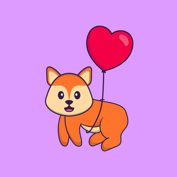Χαριτωμένη Αλεπού Που Πετά Μπαλόνια Αγάπης Έννοια Κινουμένων Σχεδίων Ζώων — Διανυσματικό Αρχείο