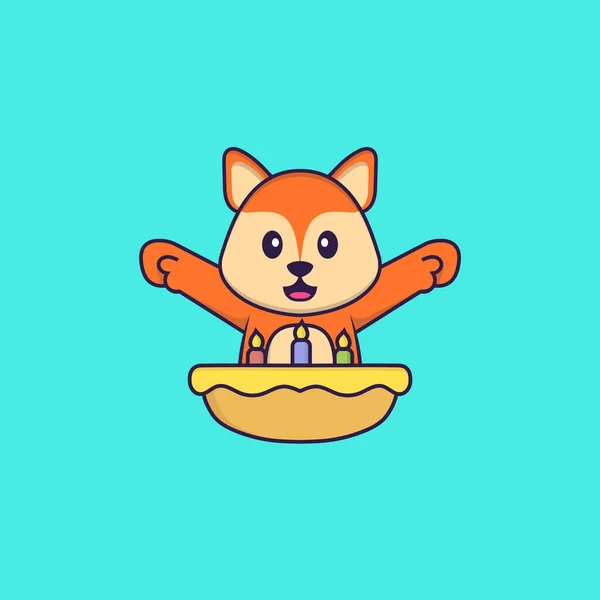 可爱的狐狸与生日蛋糕 动物漫画的概念是孤立的 可用于T恤衫 请柬或吉祥物 — 图库矢量图片