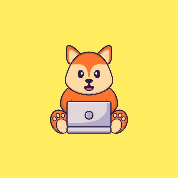 Cute Fox Using Laptop Animal Cartoon Concept Isolated Can Used — Stock Vector