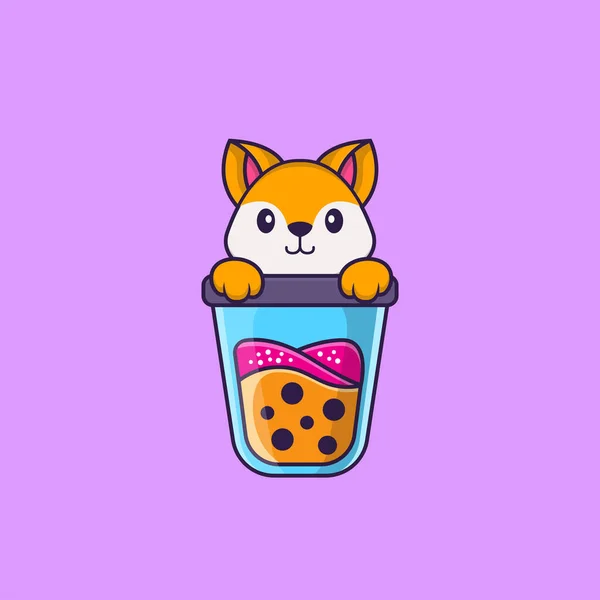 Mignon Renard Boire Thé Lait Boba Concept Dessin Animé Animal — Image vectorielle