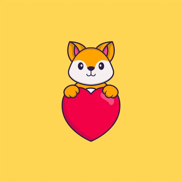 Χαριτωμένη Αλεπού Που Κρατάει Μια Μεγάλη Κόκκινη Καρδιά Έννοια Κινουμένων — Διανυσματικό Αρχείο
