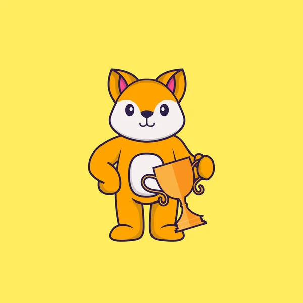 可爱的狐狸拿着金杯 动物漫画的概念是孤立的 可用于T恤衫 请柬或吉祥物 — 图库矢量图片