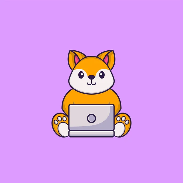 Netter Fuchs Mit Laptop Animal Cartoon Konzept Isoliert Kann Für — Stockvektor