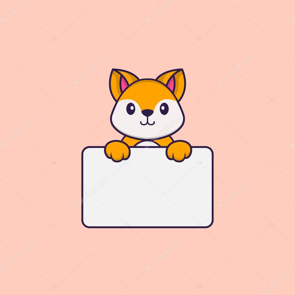 Cute fox holding whiteboard. Animal cartoon concept isolated. Can used for t-shirt, greeting card, invitation card or mascot.