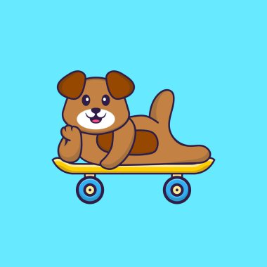 Kaykayın üzerinde yatan sevimli bir köpek. Hayvan çizgi film kavramı izole edildi. Tişört, tebrik kartı, davetiye kartı ya da maskot olarak kullanılabilir..