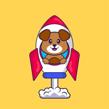 Roketin üstünde uçan sevimli bir köpek. Hayvan çizgi film kavramı izole edildi. Tişört, tebrik kartı, davetiye kartı ya da maskot olarak kullanılabilir..