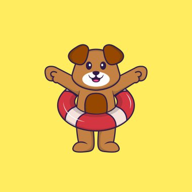 Şamandıra kullanan sevimli bir köpek. Hayvan çizgi film kavramı izole edildi. Tişört, tebrik kartı, davetiye kartı ya da maskot olarak kullanılabilir..