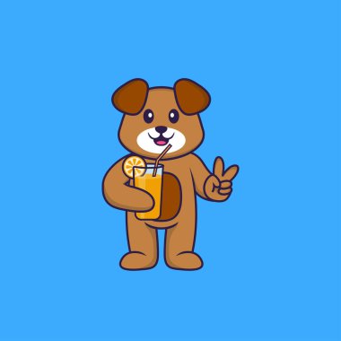 Bardakta portakal suyu tutan sevimli bir köpek. Hayvan çizgi film kavramı izole edildi. Tişört, tebrik kartı, davetiye kartı ya da maskot olarak kullanılabilir..