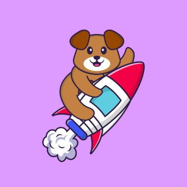 Roketin üstünde uçan sevimli bir köpek. Hayvan çizgi film kavramı izole edildi. Tişört, tebrik kartı, davetiye kartı ya da maskot olarak kullanılabilir..