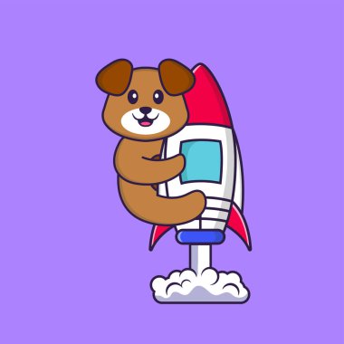 Roketin üstünde uçan sevimli bir köpek. Hayvan çizgi film kavramı izole edildi. Tişört, tebrik kartı, davetiye kartı ya da maskot olarak kullanılabilir..