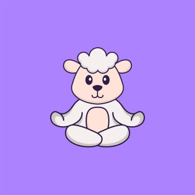 Şirin koyunlar meditasyon yapıyor ya da yoga yapıyor. Hayvan çizgi film kavramı izole edildi. Tişört, tebrik kartı, davetiye kartı ya da maskot olarak kullanılabilir..