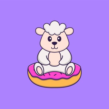 Tatlı koyunlar çöreklerin üzerinde oturuyor. Hayvan çizgi film kavramı izole edildi. Tişört, tebrik kartı, davetiye kartı ya da maskot olarak kullanılabilir..