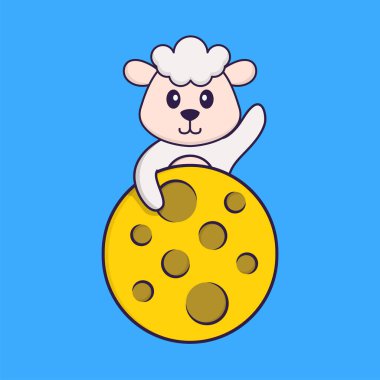 Ay 'da şirin koyunlar var. Hayvan çizgi film kavramı izole edildi. Tişört, tebrik kartı, davetiye kartı ya da maskot olarak kullanılabilir..