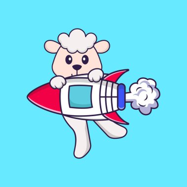 Roketin üstünde uçan sevimli koyunlar. Hayvan çizgi film kavramı izole edildi. Tişört, tebrik kartı, davetiye kartı ya da maskot olarak kullanılabilir..