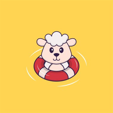 Şirin koyunlar şamandırayla yüzüyor. Hayvan çizgi film kavramı izole edildi. Tişört, tebrik kartı, davetiye kartı ya da maskot olarak kullanılabilir..