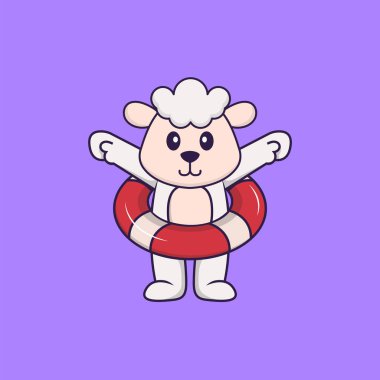 Şamandıra kullanan şirin bir koyun. Hayvan çizgi film kavramı izole edildi. Tişört, tebrik kartı, davetiye kartı ya da maskot olarak kullanılabilir..