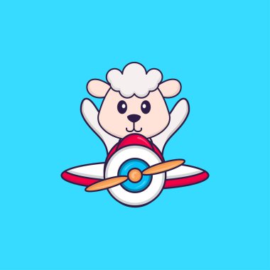 Uçakta uçan sevimli koyunlar. Hayvan çizgi film kavramı izole edildi. Tişört, tebrik kartı, davetiye kartı ya da maskot olarak kullanılabilir..