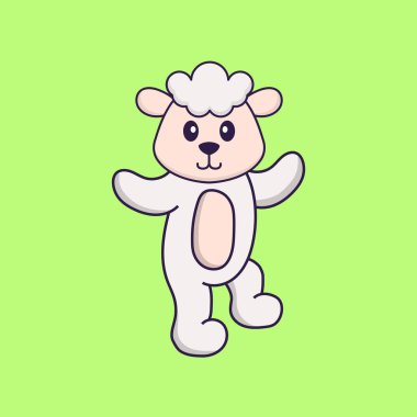 Şirin koyunlar dans ediyor. Hayvan çizgi film kavramı izole edildi. Tişört, tebrik kartı, davetiye kartı ya da maskot olarak kullanılabilir..