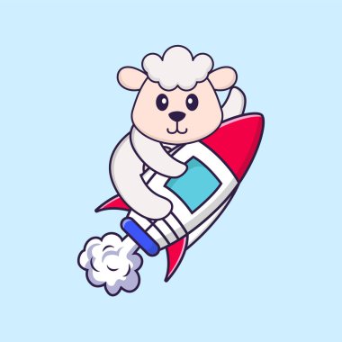 Roketin üstünde uçan sevimli koyunlar. Hayvan çizgi film kavramı izole edildi. Tişört, tebrik kartı, davetiye kartı ya da maskot olarak kullanılabilir..