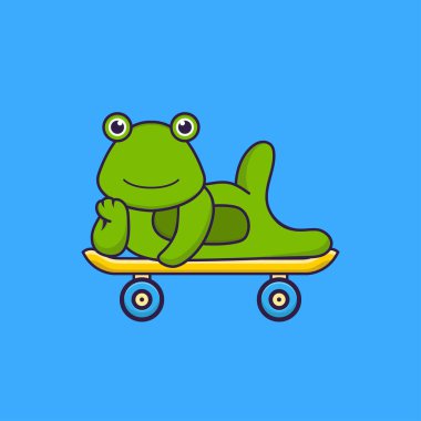 Kaykayın üzerinde yatan sevimli kurbağa. Hayvan çizgi film kavramı izole edildi. Tişört, tebrik kartı, davetiye kartı ya da maskot olarak kullanılabilir..