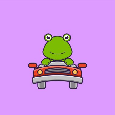 Şirin kurbağa sürüyor. Hayvan çizgi film kavramı izole edildi. Tişört, tebrik kartı, davetiye kartı ya da maskot olarak kullanılabilir..