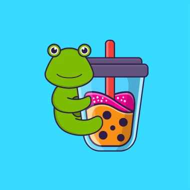 Şirin kurbağa Boba sütlü çay içiyor. Hayvan çizgi film kavramı izole edildi. Tişört, tebrik kartı, davetiye kartı ya da maskot olarak kullanılabilir..