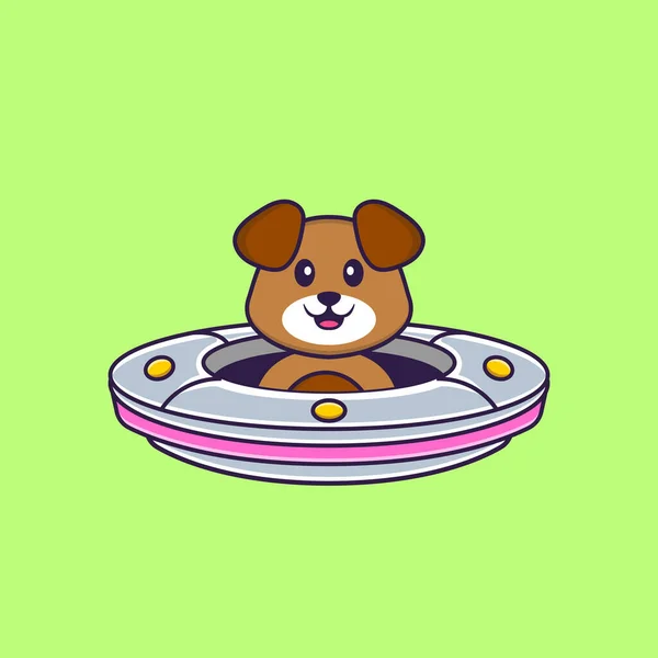 Lindo Perro Conduciendo Nave Espacial Ufo Animal Concepto Dibujos Animados — Vector de stock