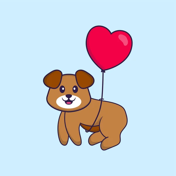 Χαριτωμένο Σκυλί Που Πετάει Μπαλόνια Σχήμα Αγάπης Έννοια Κινουμένων Σχεδίων — Διανυσματικό Αρχείο