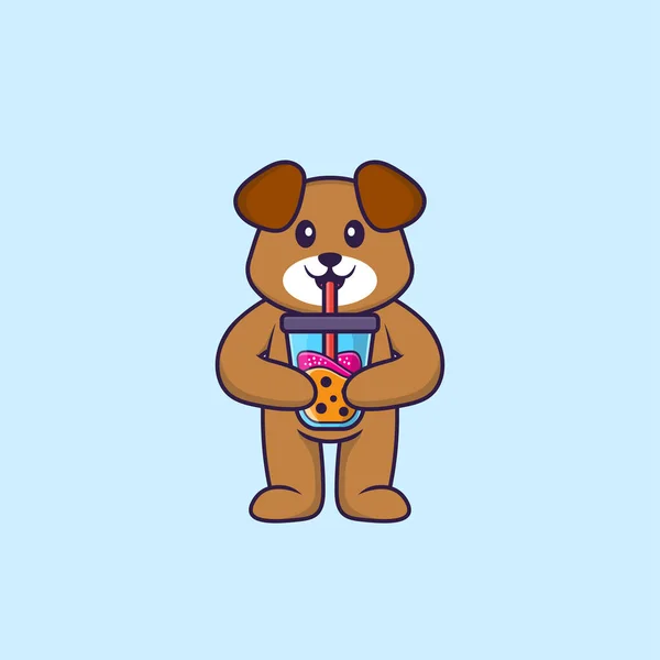 Roztomilý Pes Pije Čaj Mléka Boba Animální Kreslený Koncept Izolovaný — Stockový vektor