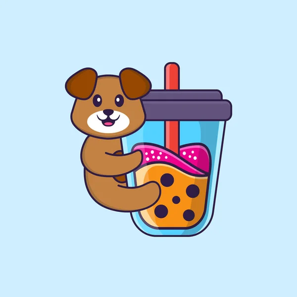 Lindo Perro Bebiendo Leche Boba Animal Concepto Dibujos Animados Aislado — Vector de stock