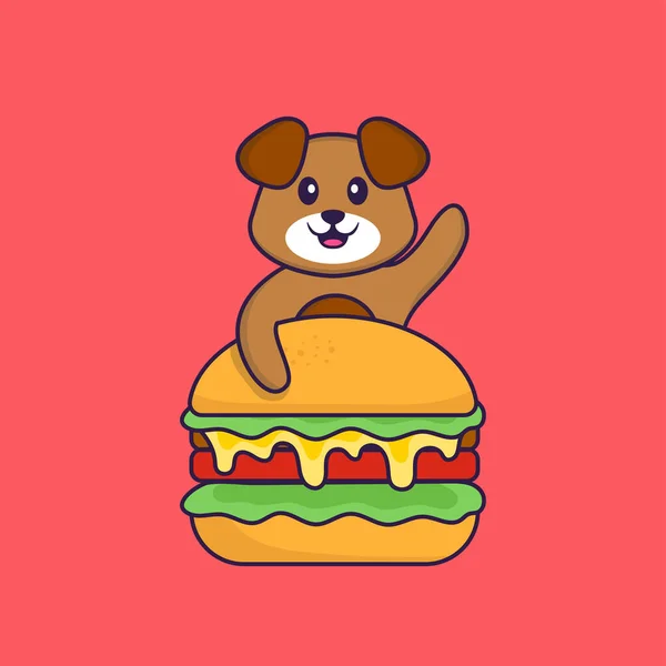 Cute Dog Eating Burger Animal Cartoon Concept Isolated Can Used — Stock Vector