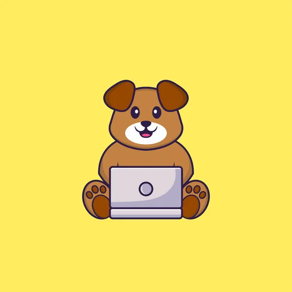 Cão Bonito Usando Laptop Animal Desenho Animado Conceito Isolado Pode — Vetor de Stock