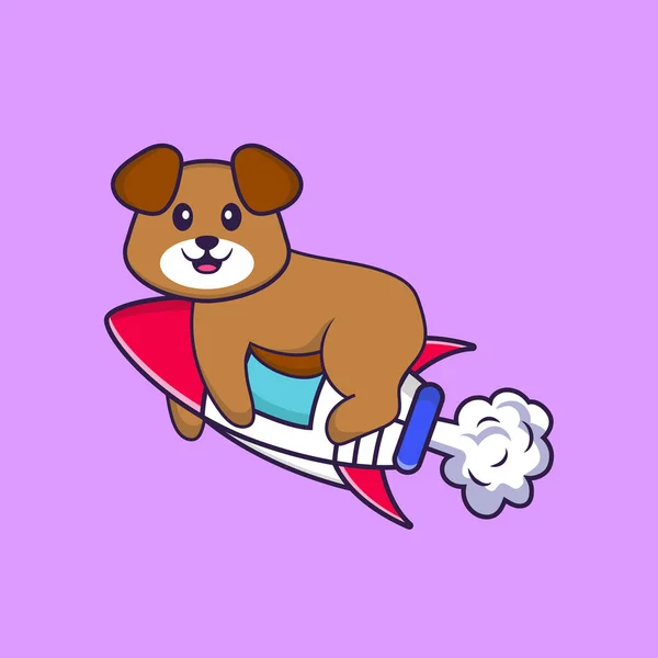 かわいい犬がロケットで飛んでいる 動物の漫画の概念は孤立した Tシャツ グリーティングカード 招待カード マスコットに使用できます — ストックベクタ
