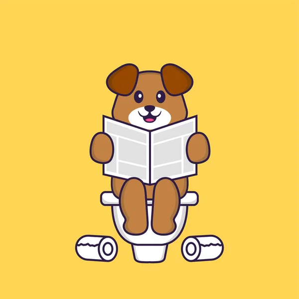 かわいい犬トイレに飛び乗って新聞を読む 動物の漫画の概念は孤立した Tシャツ グリーティングカード 招待カード マスコットに使用できます — ストックベクタ