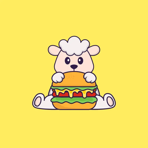 Carino Mangiare Hamburger Pecora Animale Concetto Cartone Animato Isolato Può — Vettoriale Stock