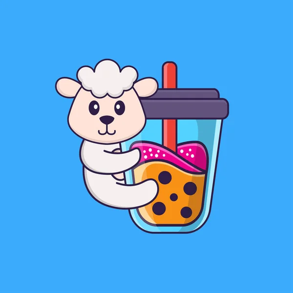 Niedliche Schafe Trinken Boba Milch Tee Animal Cartoon Konzept Isoliert — Stockvektor