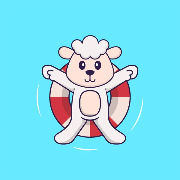 Mignon Mouton Est Natation Avec Une Bouée Concept Dessin Animé — Image vectorielle