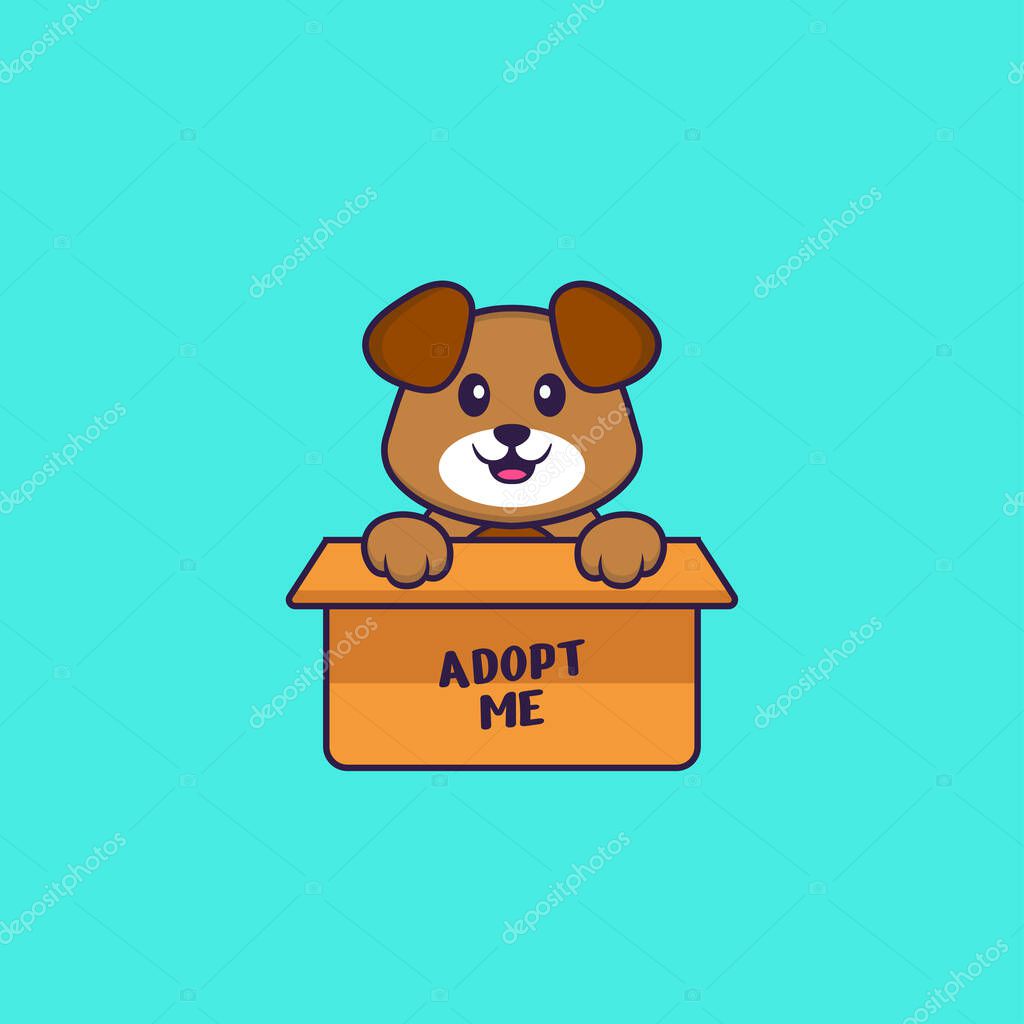 Cute dog in box with a poster Adopt me. Animal cartoon concept isolated. Can used for t-shirt, greeting card, invitation card or mascot.