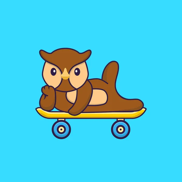 Leuke Uil Liggend Een Skateboard Dierenspotconcept Geïsoleerd Kan Gebruikt Worden — Stockvector