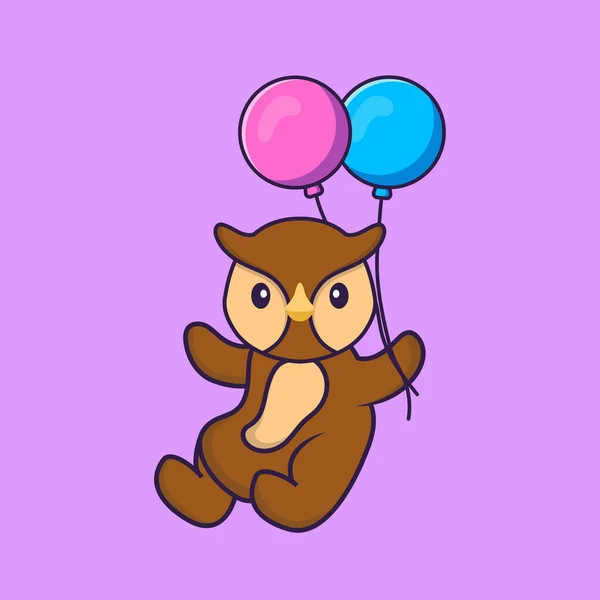 Chouette Chouette Volant Avec Deux Ballons Concept Dessin Animé Animal — Image vectorielle