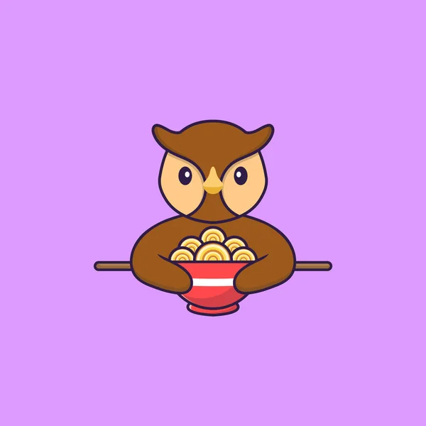 Chouette Chouette Mangeant Des Nouilles Ramen Concept Dessin Animé Animal — Image vectorielle