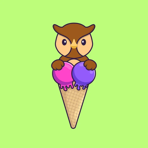 可爱的猫头鹰与甜冰淇淋 动物漫画的概念是孤立的 可用于T恤衫 请柬或吉祥物 — 图库矢量图片