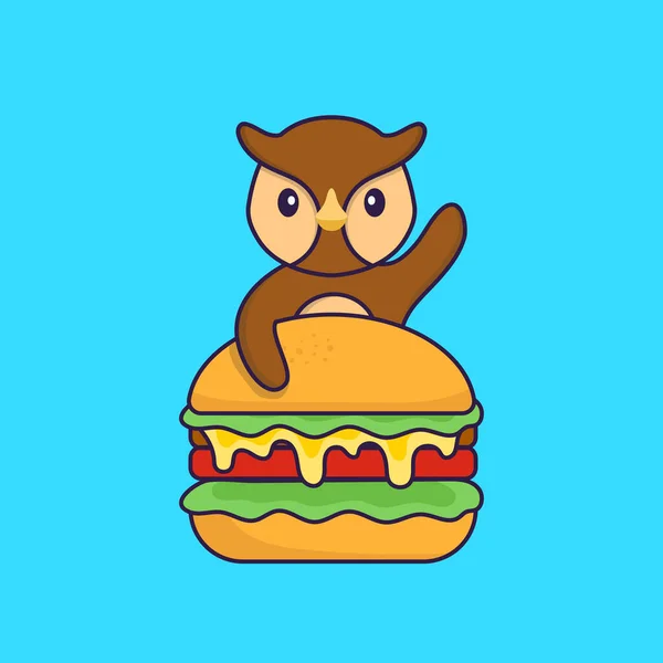 Cute Owl Eating Burger Animal Cartoon Concept Isolated Can Used — Stock Vector
