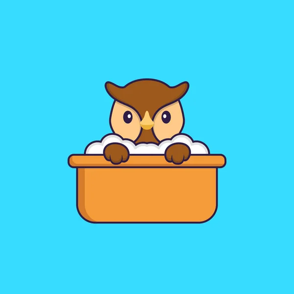 可爱的猫头鹰在浴缸里洗澡 动物漫画的概念是孤立的 可用于T恤衫 请柬或吉祥物 — 图库矢量图片