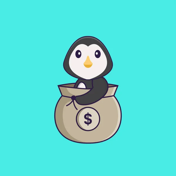 Pinguim Bonito Num Saco Dinheiro Animal Desenho Animado Conceito Isolado — Vetor de Stock