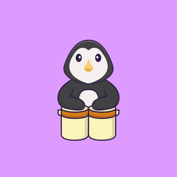 Mignon Pingouin Joue Batterie Concept Dessin Animé Animal Isolé Peut — Image vectorielle