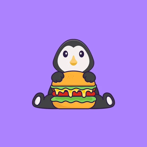 Cute Penguin Eating Burger Animal Cartoon Concept Isolated Can Used — Stock Vector